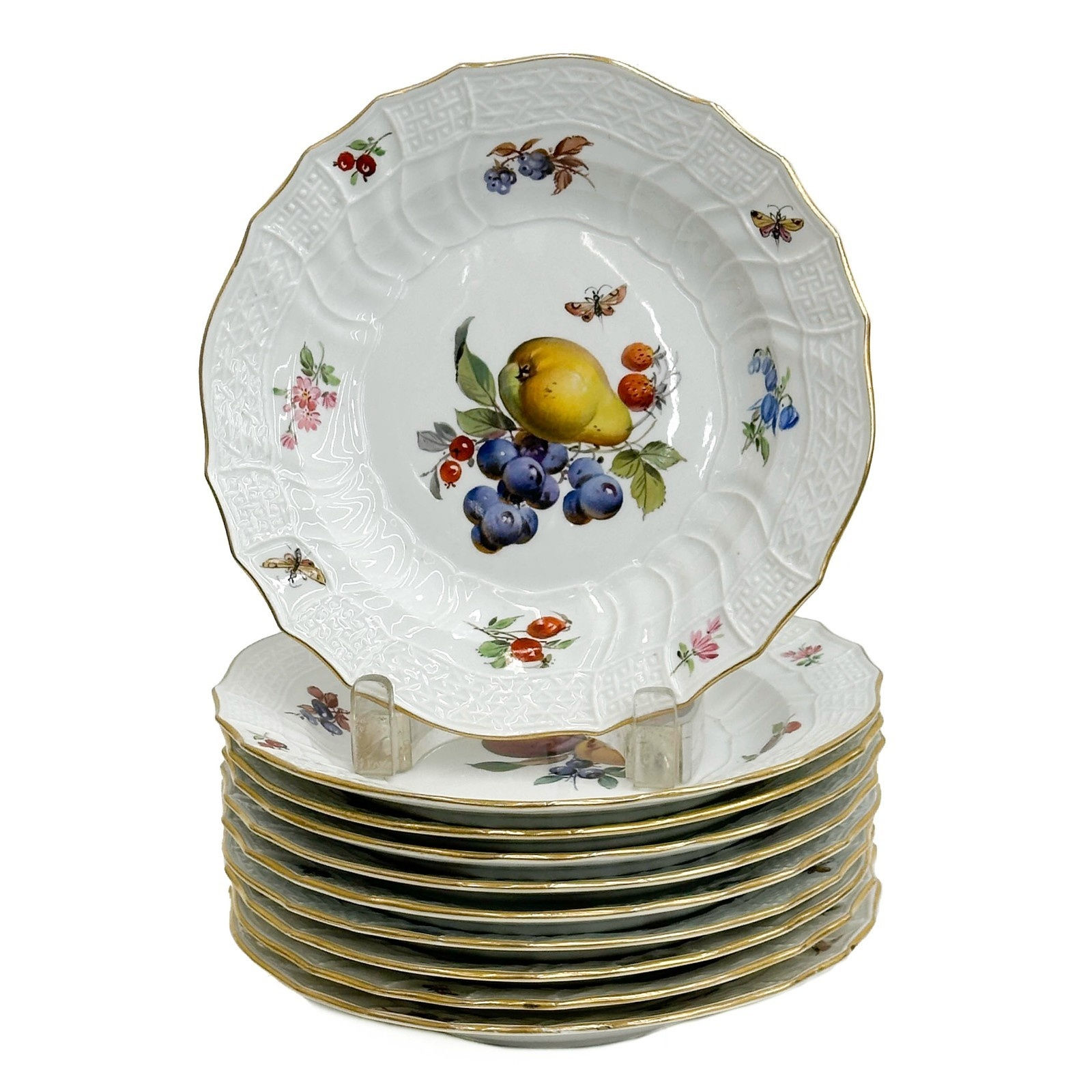10 Meissen Germany Hand Painted Porcelain 8in Dessert Plates Fruits c1900
