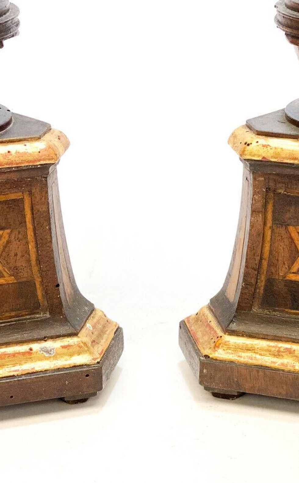 Thumbnail: Continental Inlaid Wood Sabbath Candlesticsk Holders with Star of David Judaica
