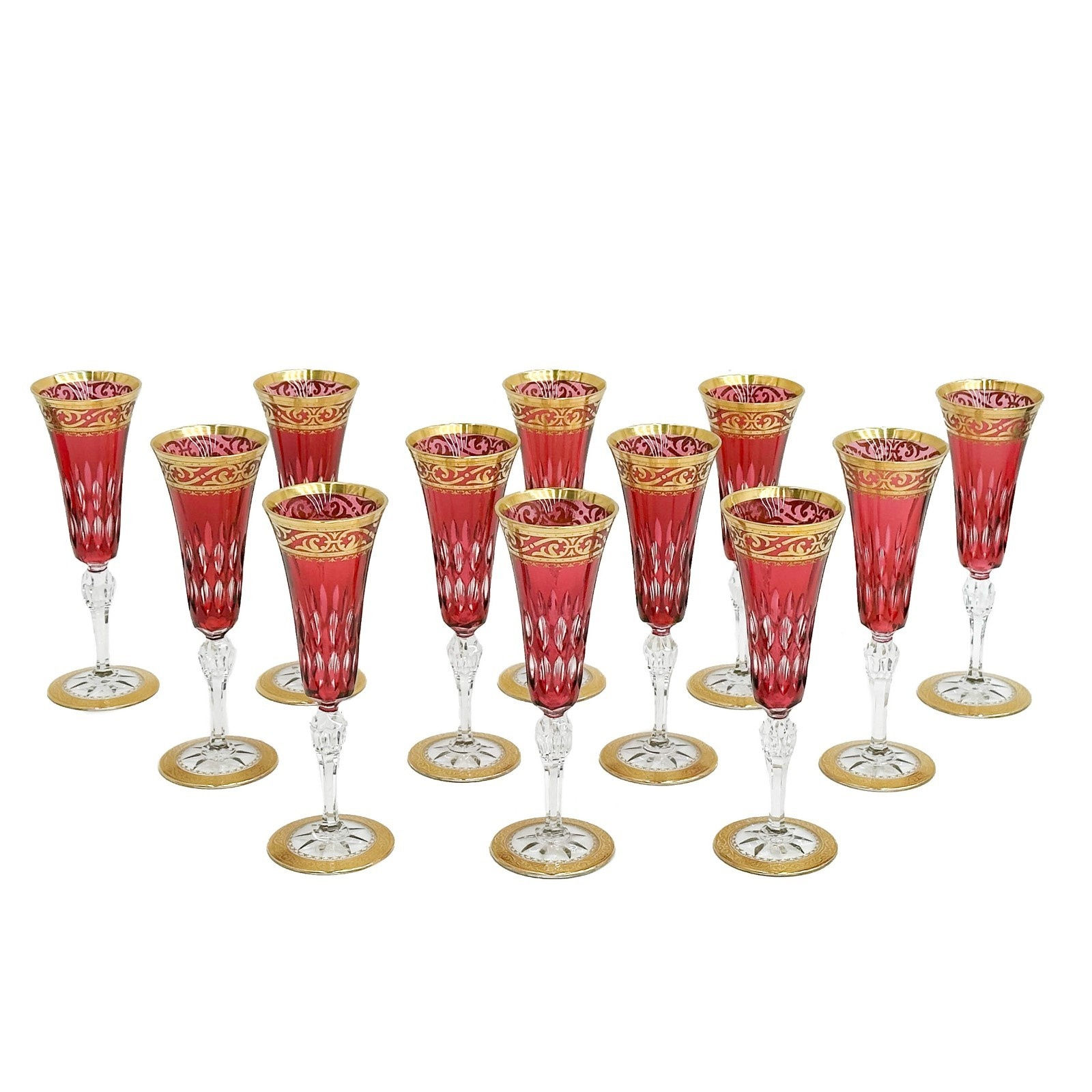 12 Saint (St.) Louis France Red Cut to Clear Glass Champagne Flutes Stella Gold