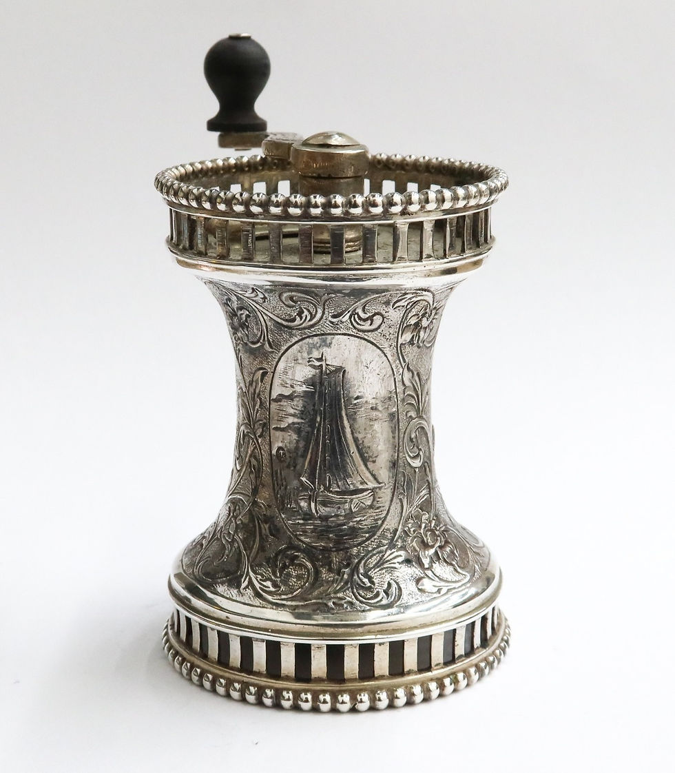 Thumbnail: Dutch 830 Silver Pepper Mill Etched Genre Scenes Early 20th Century