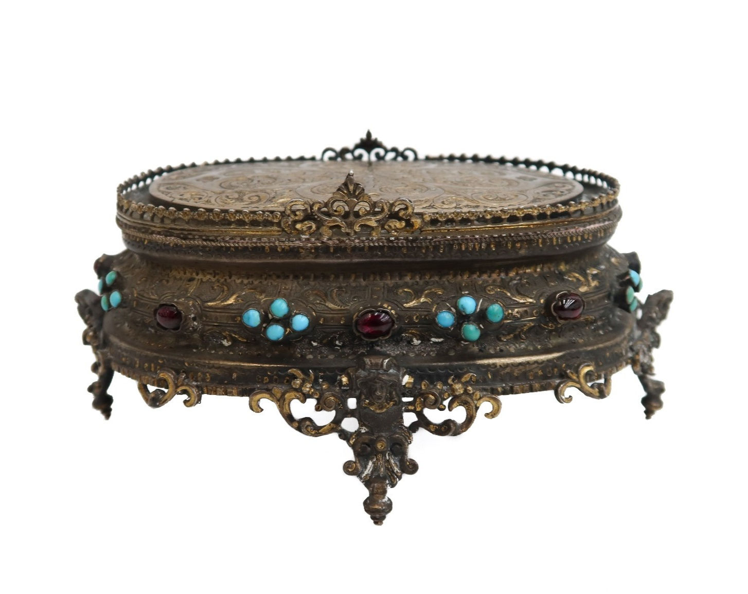 Austrian Silver Jeweled Garnet Turquoise Footed Base