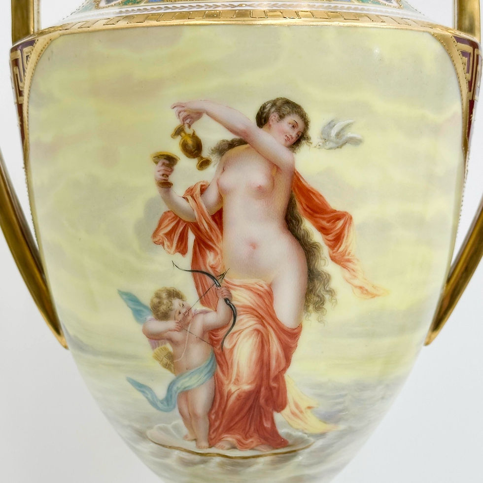 Thumbnail: Royal Vienna Austria Painted Porcelain Lidded Urn on Stand Venus Cupid c1900