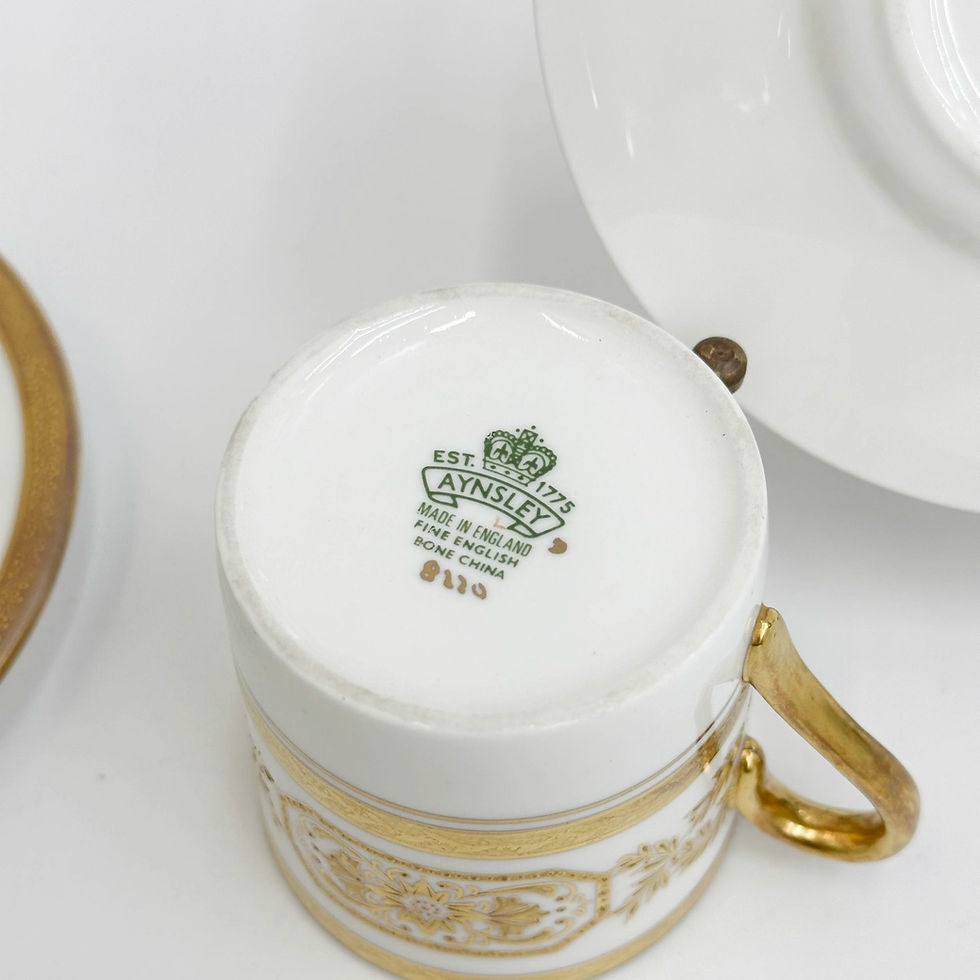 Thumbnail: 10 Aynsley England Gilt Porcelain Demitasse Cup & Saucers Engagement 8220 c1940