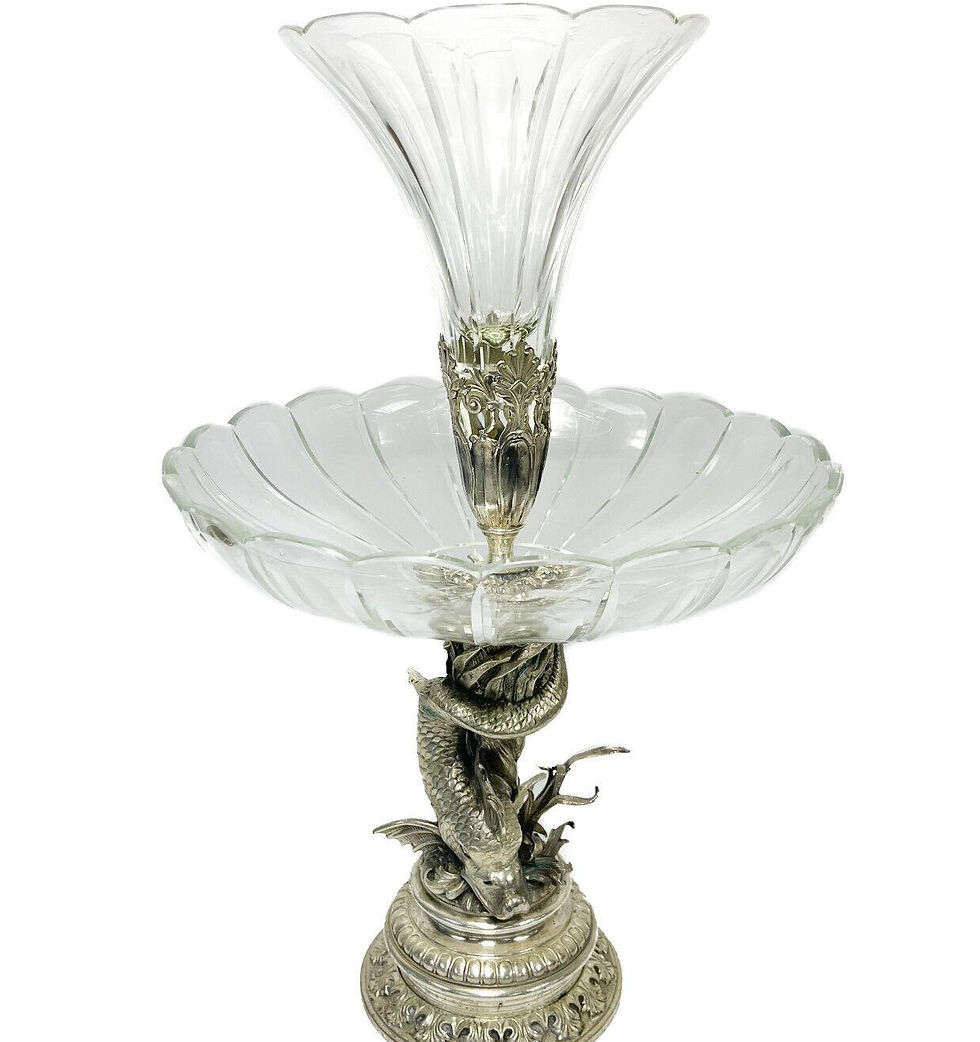 European Cut Glass and Silverplate Two Tier Dolphin Formed Garniture, c1920
