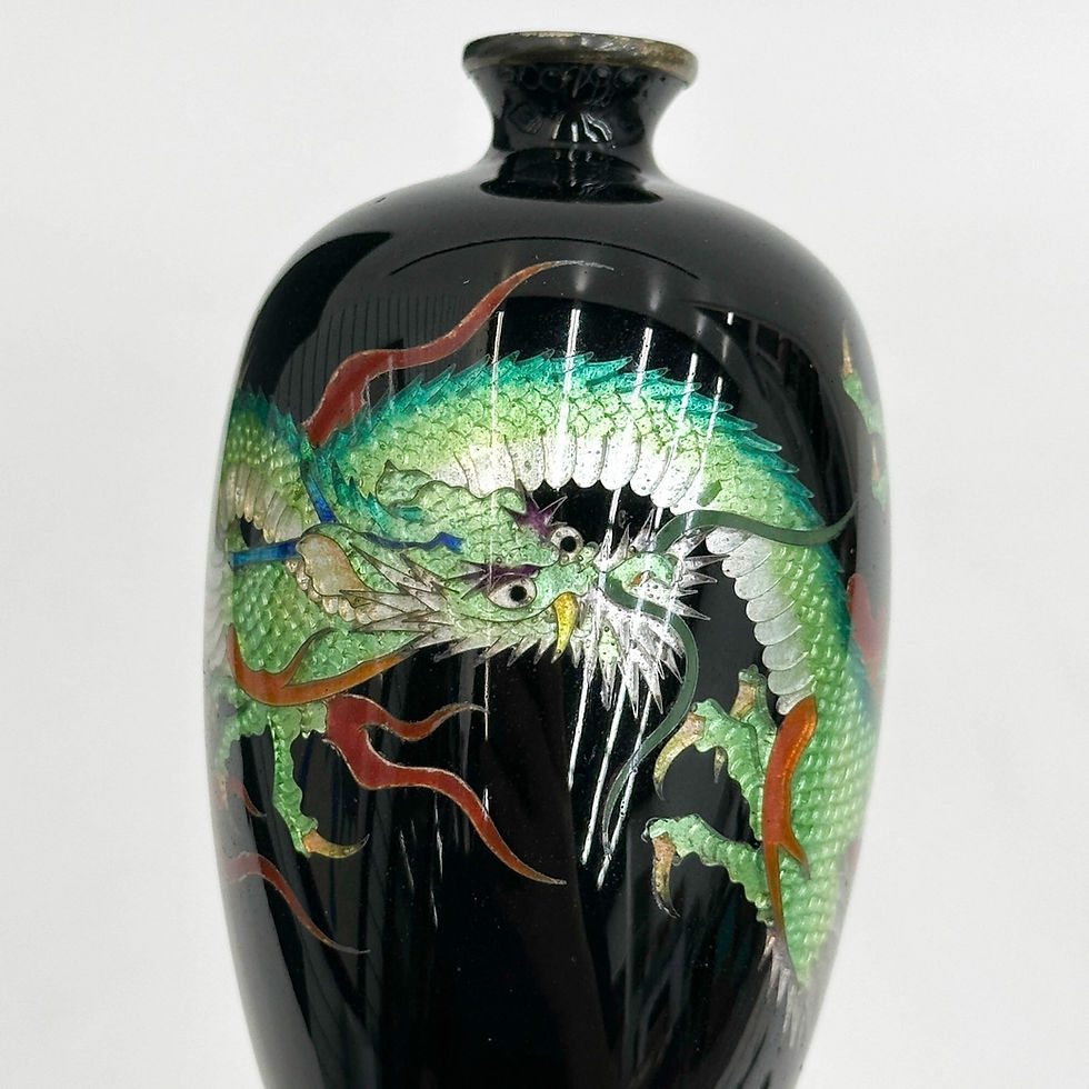 Thumbnail: Pair Japanese Ginbari Cloisonne Enamel Bronze Vases Green Dragons Meiji Period