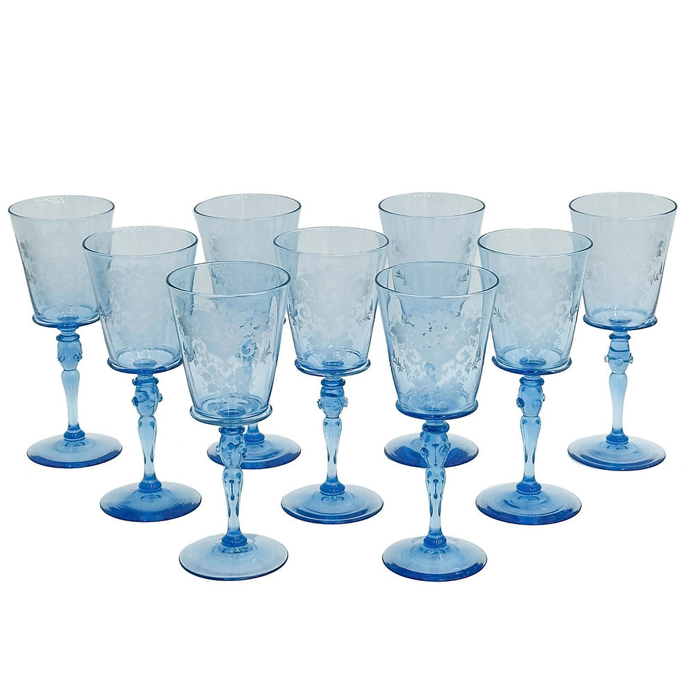 9 Steuben Glass Marina Blue Engraved Autumn Water Goblets Prunts Signed
