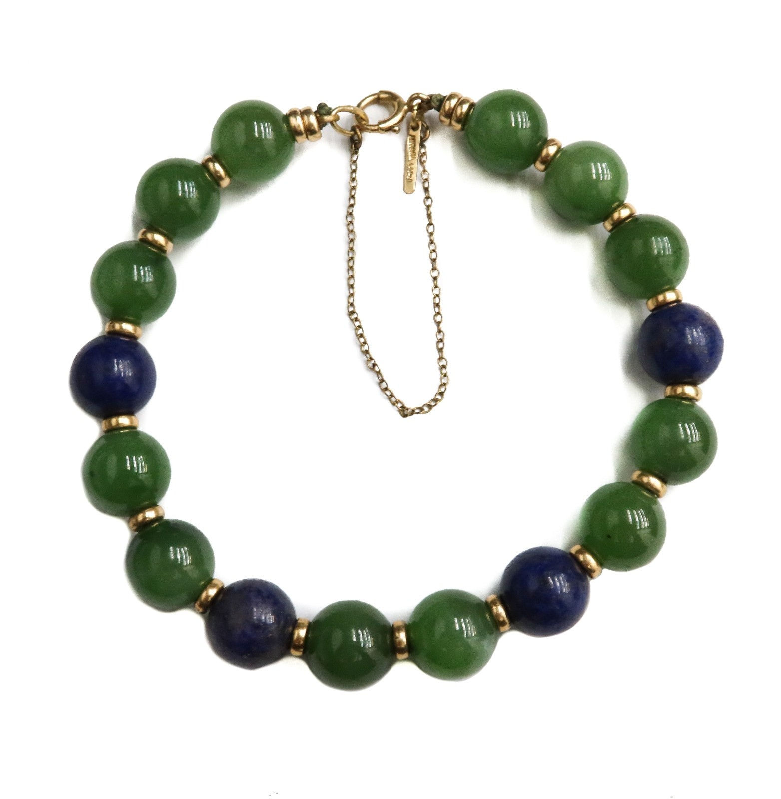 Tiffany & Co 14k Yellow Gold Nephrite Jade and Lapis Lazuli Beaded Bracelet
