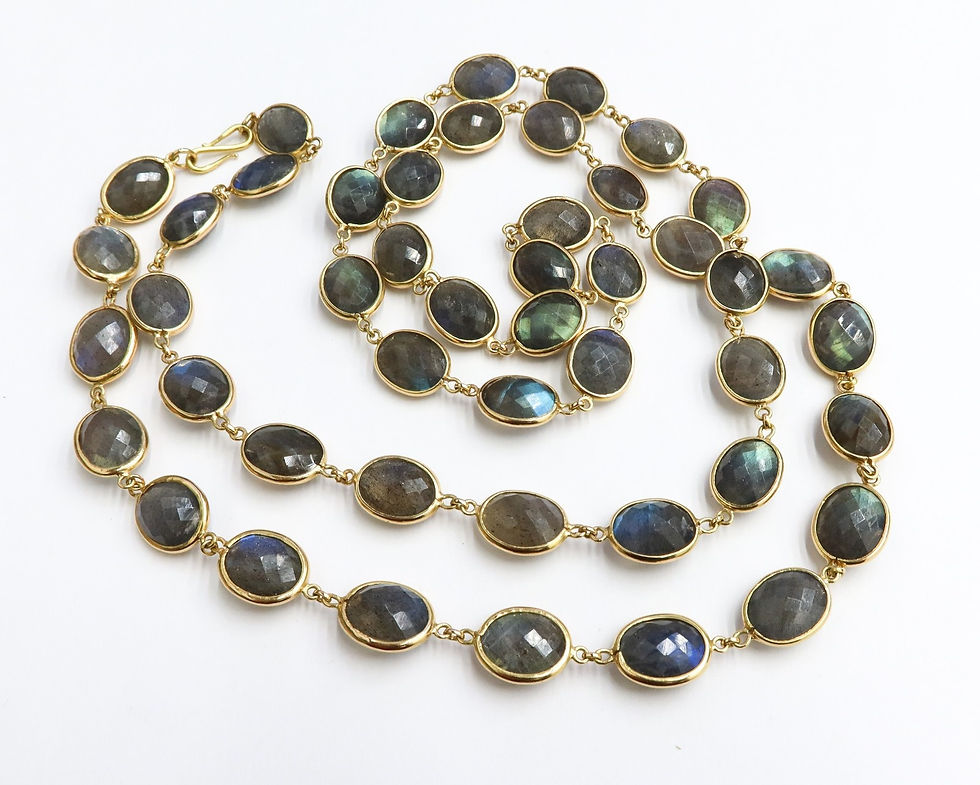 Thumbnail: 18k Yellow Gold and Bezel Oval Faceted Cut Labradorite Necklace