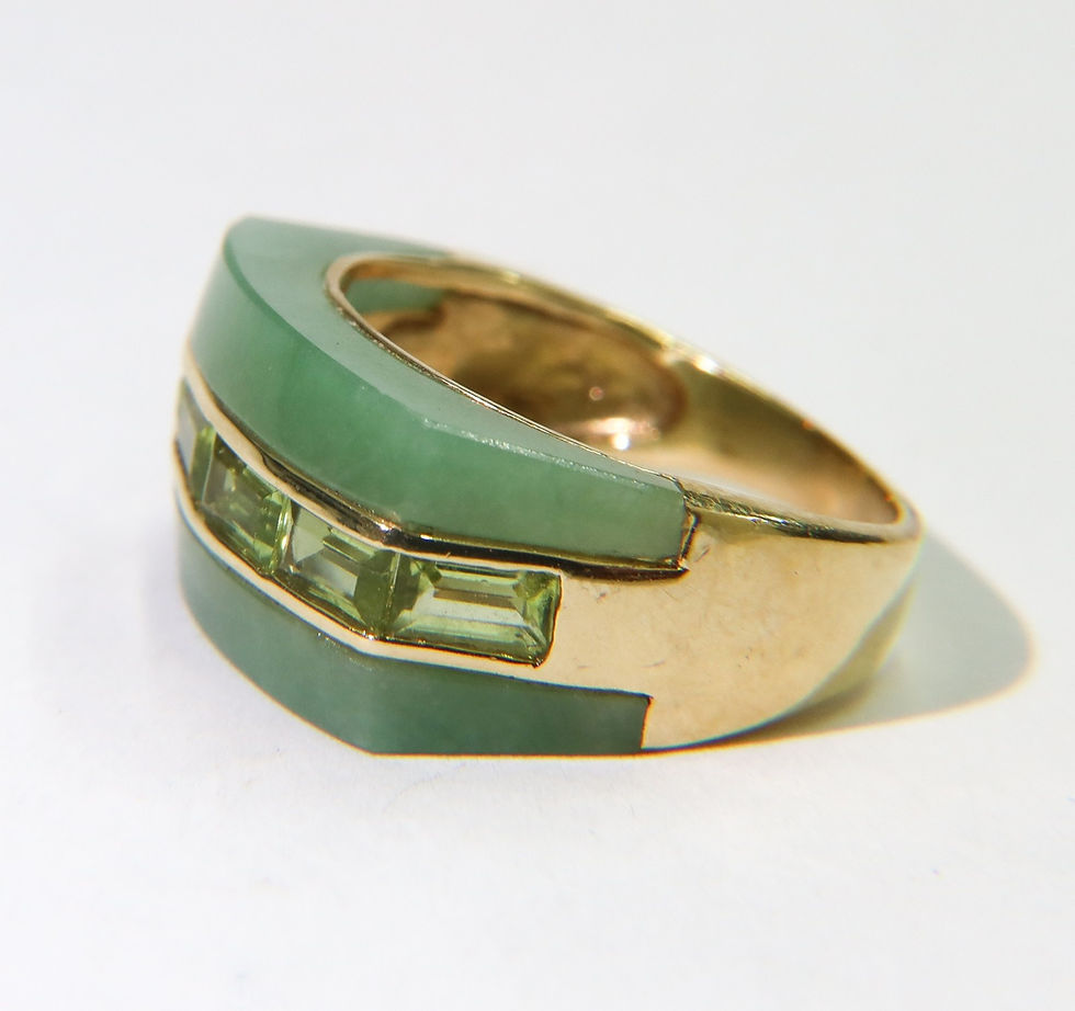 Thumbnail: 14k Yellow Gold Green Jade and Baguette Cut Peridot Ring Size 7.5