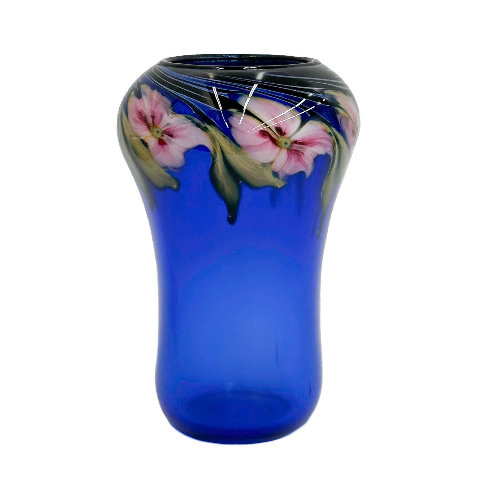 Charles Lotton Multi Flora Art Glass Vase Cobalt Blue Pink Flowers Signed