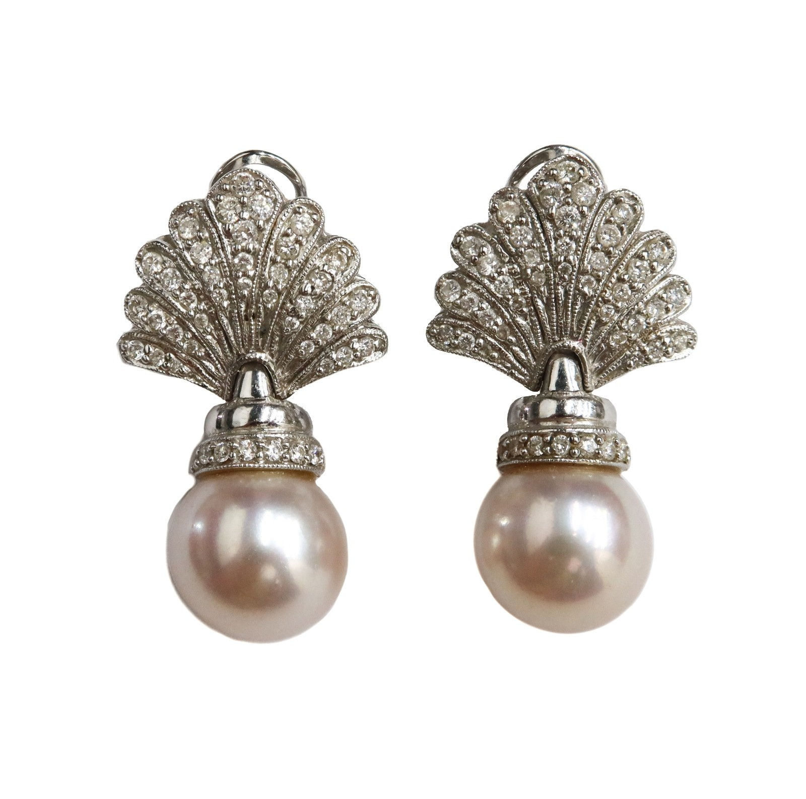 Pair 18k White Gold Cultured Pearl and Diamond Fan Drop Latch Back Earrings