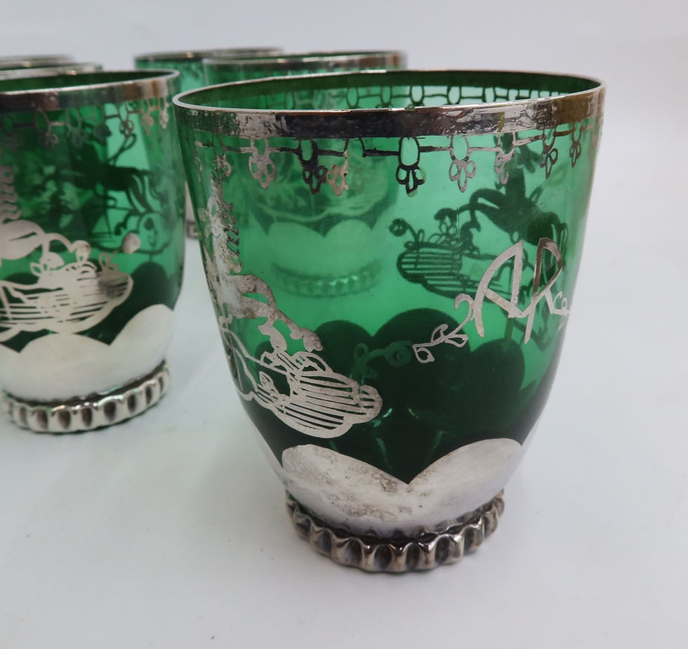 Thumbnail: 13 Murano Green Colored Glass and Silver Overlay Horse Small Tumbler Goblets
