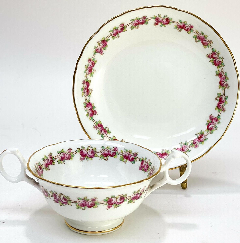 Thumbnail: 11 Cauldon England Porcelain Bouillon Bowls & Underplates, circa 1920. Florals