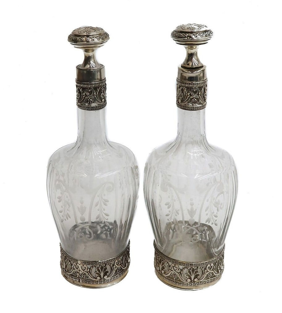 Pair French Silver and Acid Etched Glass Decanters circa 1900 Etched Leaves