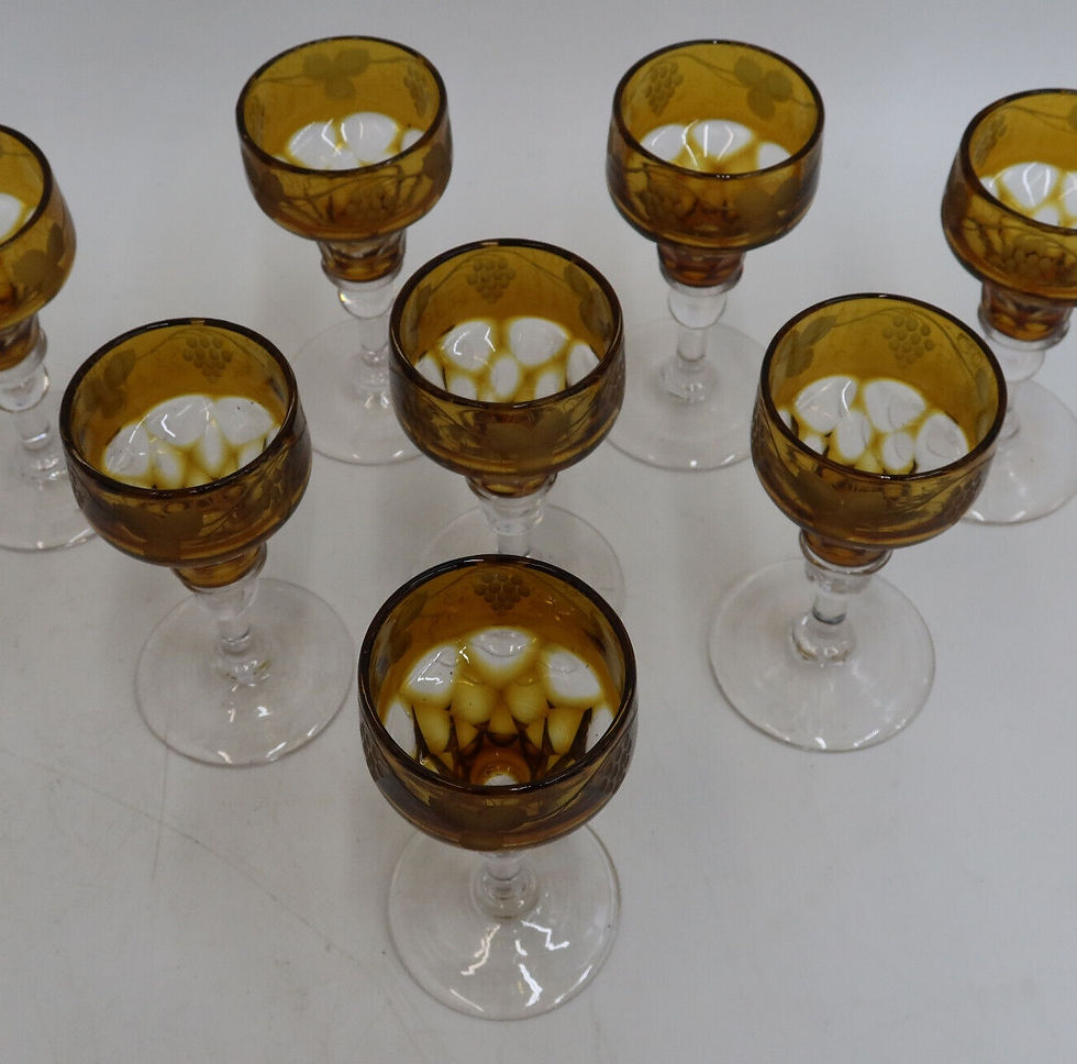 Thumbnail: 8 Bohemian Smokey Amber and Clear Cut Glass Claret Wine Goblets c1940