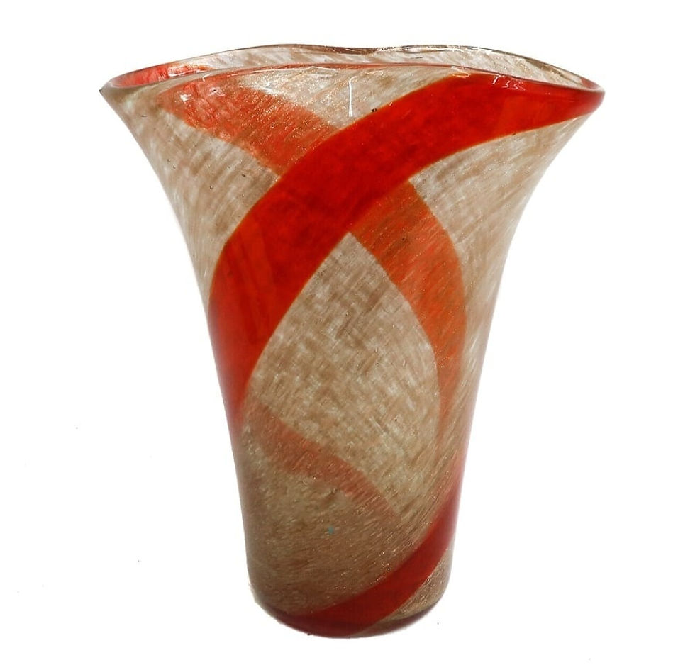 Fratelli Toso Italian Murano Art Glass Aventurine Vase Red Ribbons