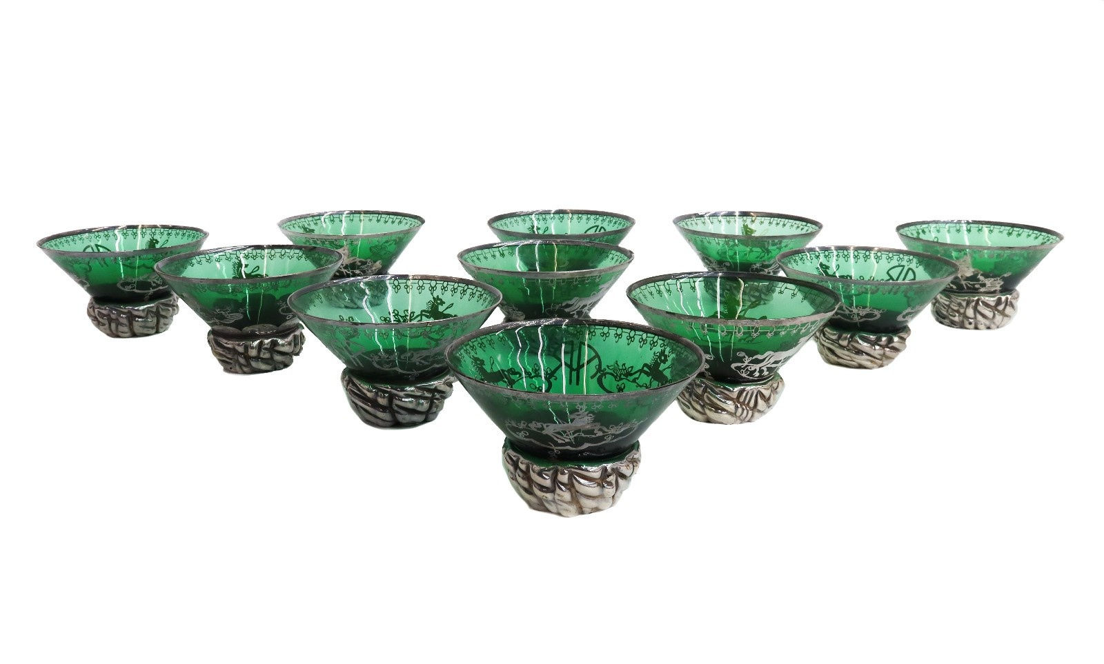 11 Murano Green Colored Glass and Silver Overlay Sherbet or Dessert Cups