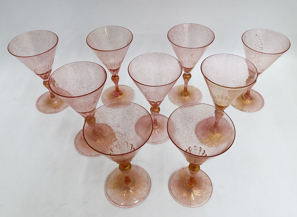 Thumbnail: 9 Salviati Venetian Art Glass Pink and Gold Flecked Wine Goblets
