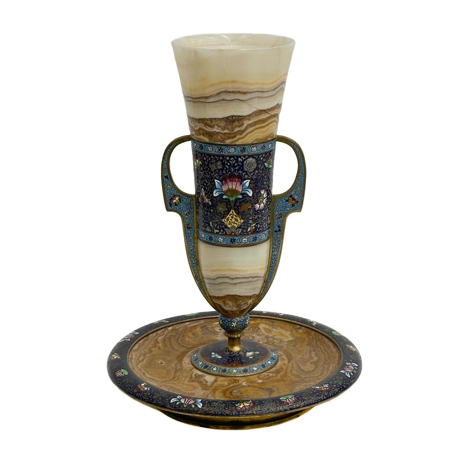 French Marble Onyx Bronze & Champleve Enamel Vase or Urn with Base c1900