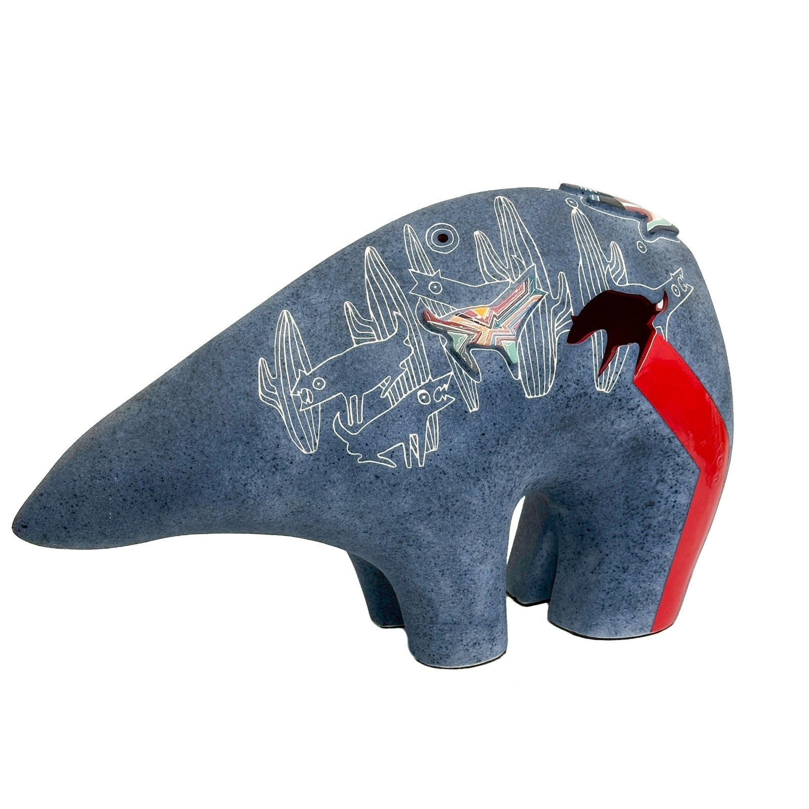 Gene & Rebecca Tobey Partial Glazed Blue Ceramic Bear Sculpture Signed 87