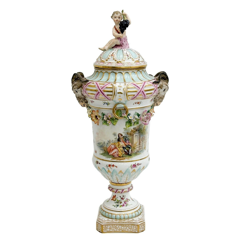 KPM Berlin Hand Painted Porcelain Covered Urn Rams Head Handles circa 1880