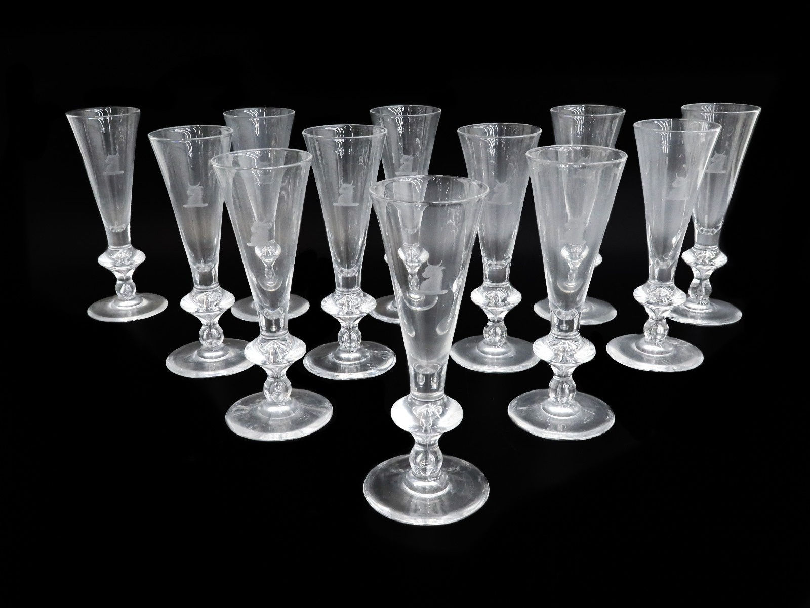 12 Steuben Art Glass Champagne Flutes in #7737 Heraldic Emblem Signed