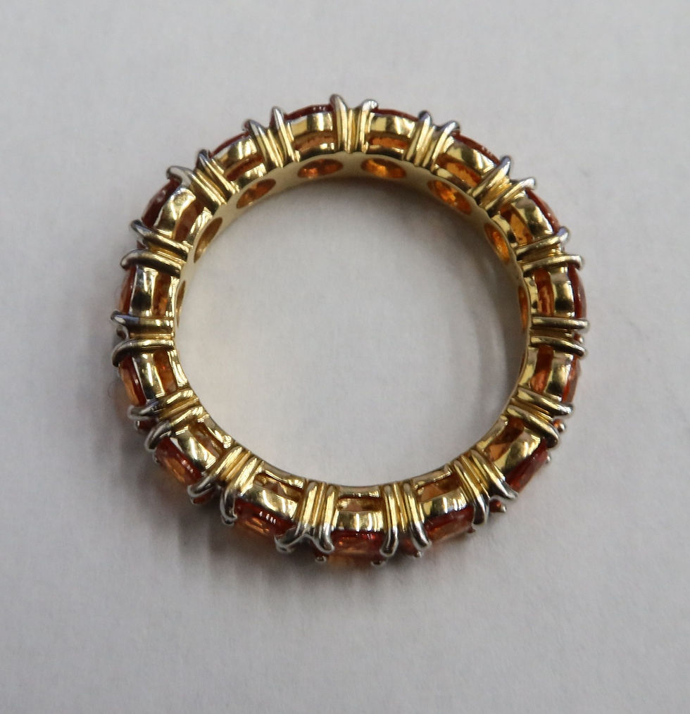 Thumbnail: 18k Yellow Gold Round Cut Orange Sapphire Eternity Band Ring Size 6.5