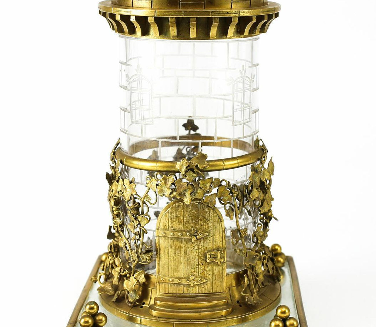 Late 19th Century Raised Golden Bronze Castle Shape on Etched Design Pot Glass