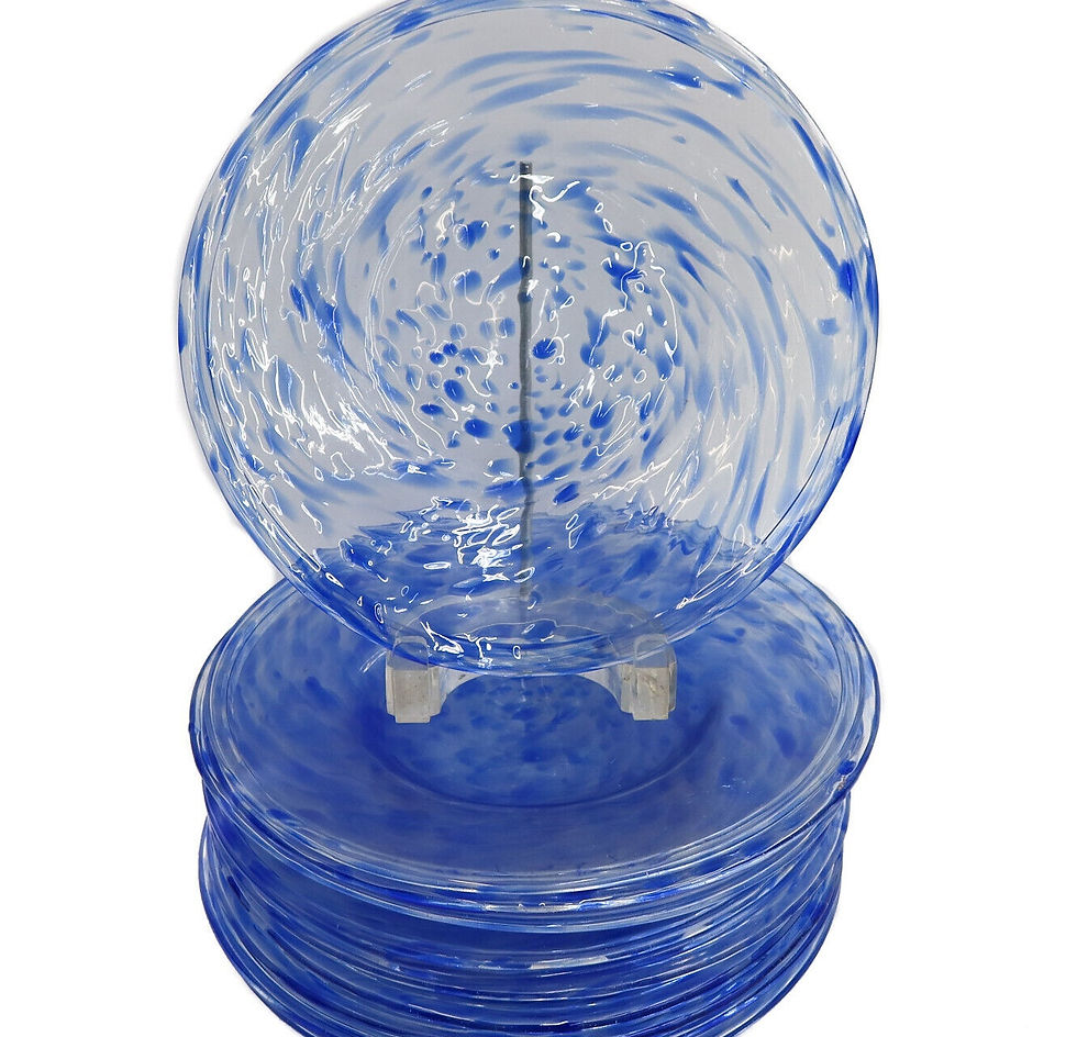 12 American Studio Glass Hand Blown Blue Mottled Luncheon Plates 20th Century