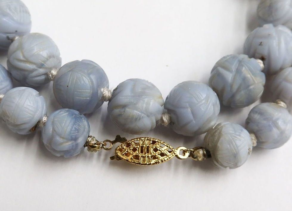 Thumbnail: 14k Yellow Gold and Carved Blue Agate Knotted Graduated Single Strand Necklace
