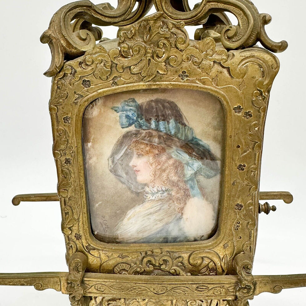 Thumbnail: Sedan Chair Form Gilt Bronze Mantel Clock Watercolor Portraits circa 1900