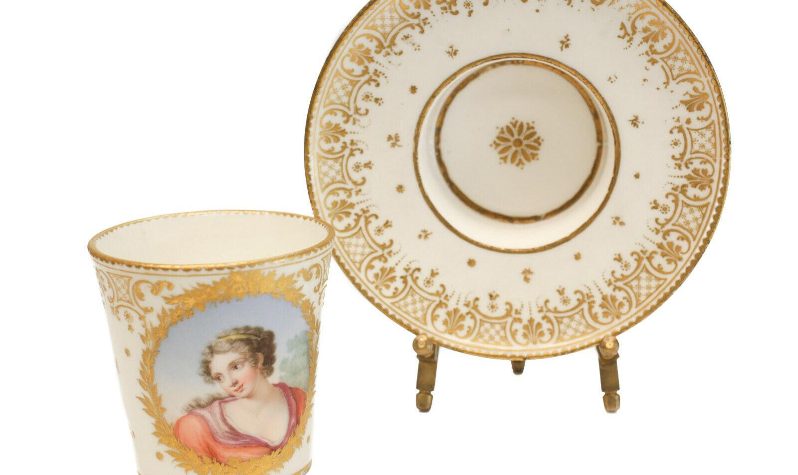 Fine Sevres Porcelain Cup & Saucer w/ Portrait Goblet et Sou Coupe Enfonce 1759