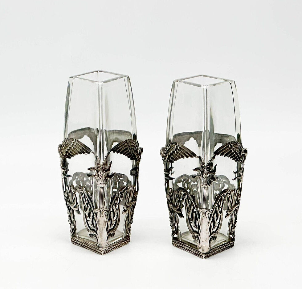 Thumbnail: Pair German Jugendstil Silver Plate Mounted Glass Vases Eagles c. 1920