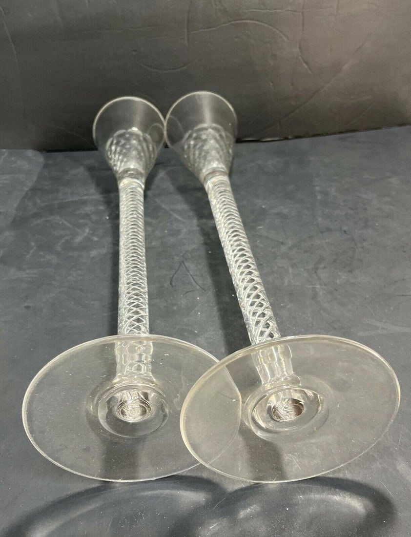 Thumbnail: Pair English 17.75 inch Long Stem Wine Goblets, Air Twist Stem, 20th Century