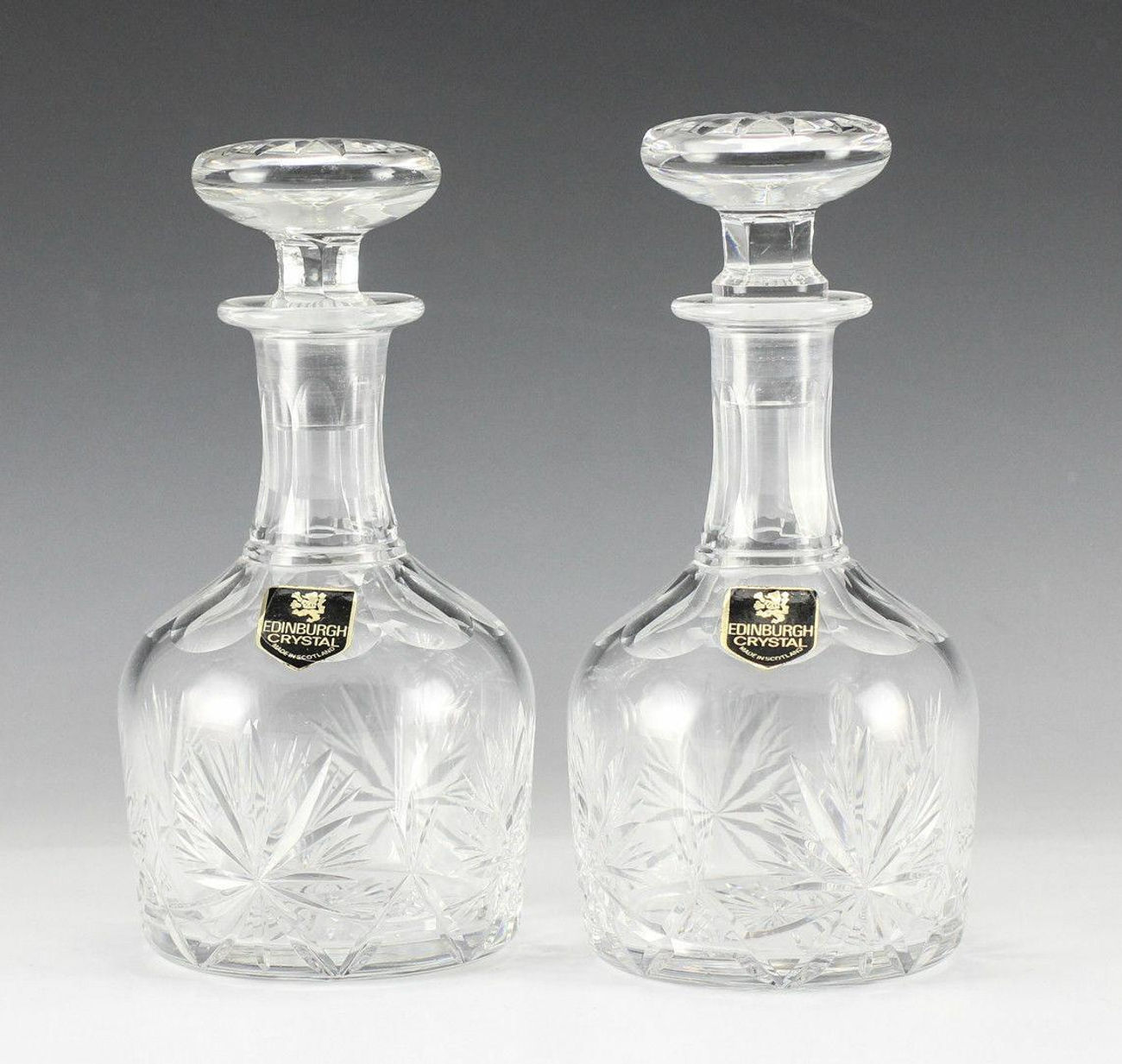 Pair Star of Edinburgh Crystal Decanters. Original Labels