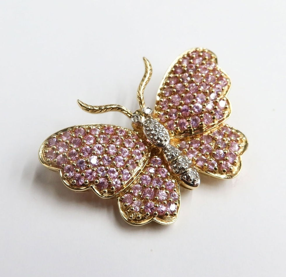 Thumbnail: 14k Yellow Gold Pink Sapphire and Diamond Butterfly Brooch Pin