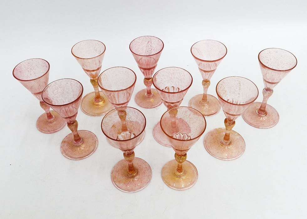 Thumbnail: 11 Salviati Venetian Art Glass Pink and Gold Flecked Cordial Wine Goblets