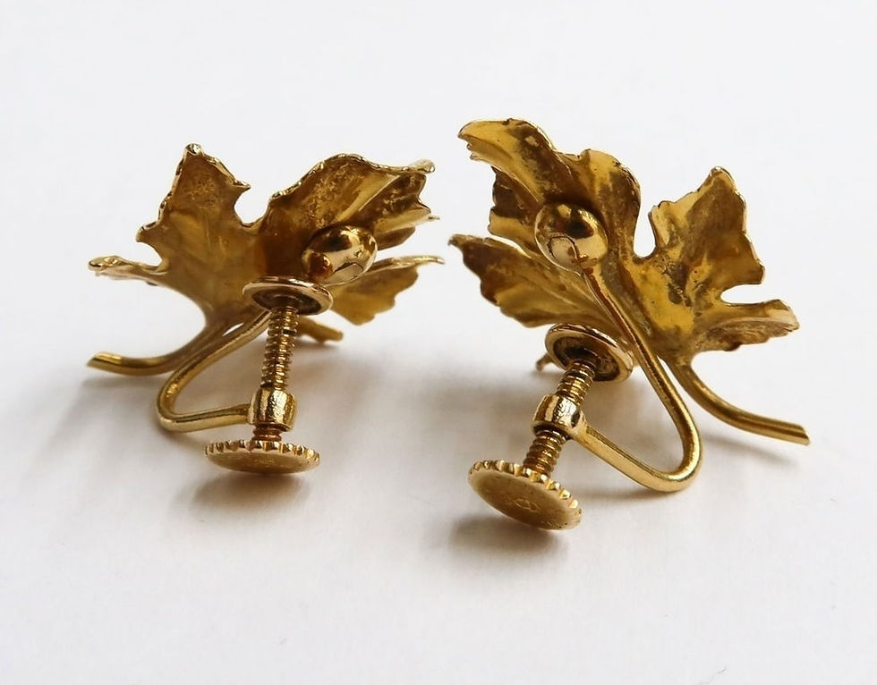 Thumbnail: Tiffany & Co. 14k Yellow Gold and Cultured Pearl Maple Leaf Twist Back Earrings.