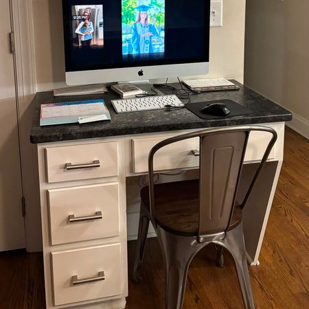 Original kitchen desk before custom beverage center transformation