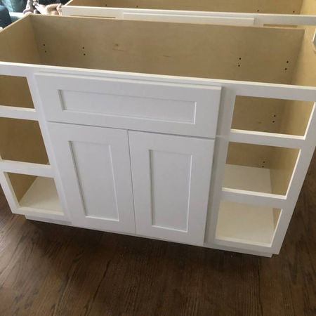 Framing stage of a custom bathroom vanity in Raleigh, NC.