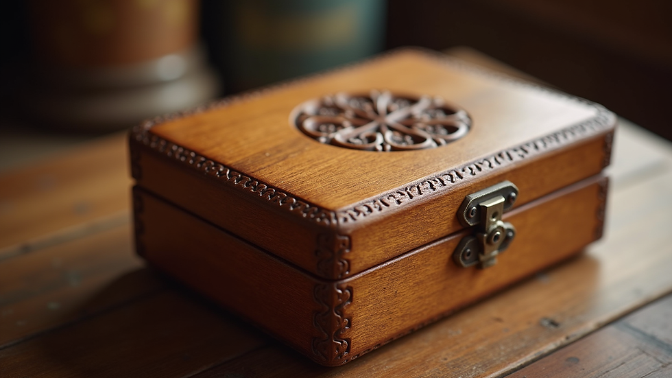 Close-up view of a beautifully engraved wooden keepsake box