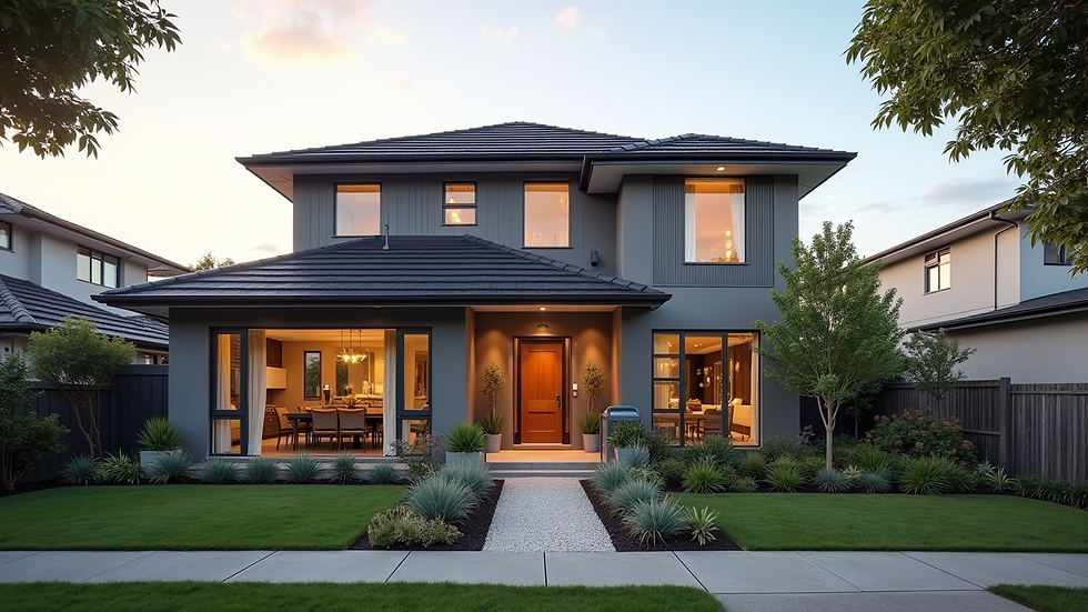 Eye-level view of a newly built sustainable home in a suburban Auckland neighbourhood