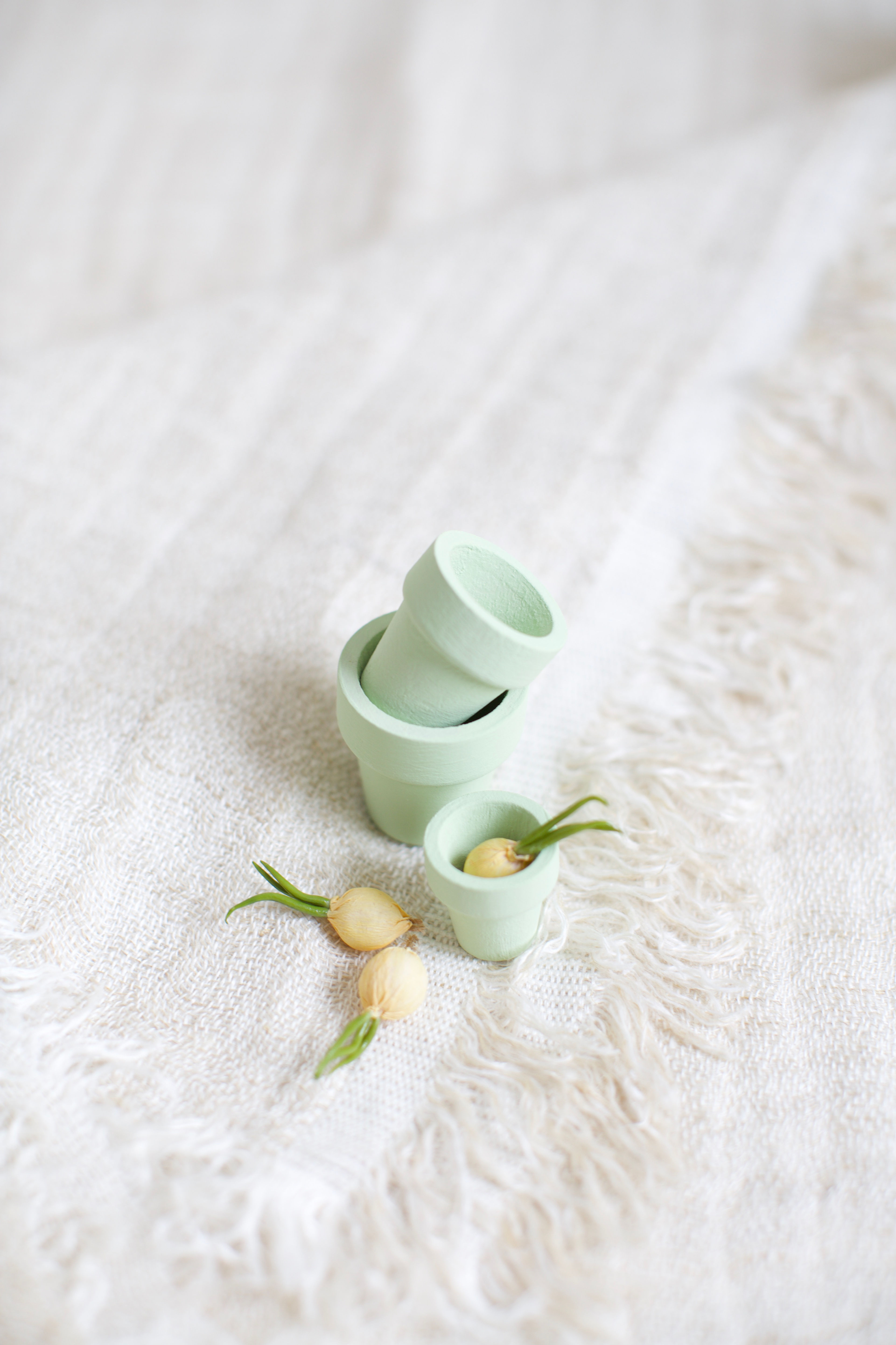 LOM Handpainted Set Green Wooden Pots + Ratatouille Miniatures Onions