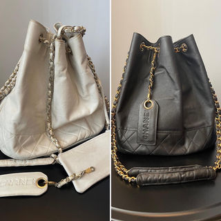 A before and after comparison of a vintage Chanel Bucket bag that has been dyed from white to black