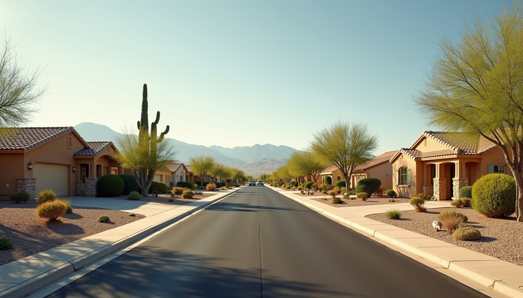 Eye-level view of a peaceful residential street in Green Valley Arizona with desert landscaping and single-story homes