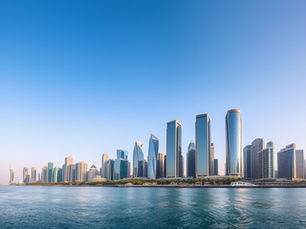 A view of an apartment complex overlooking a waterfront