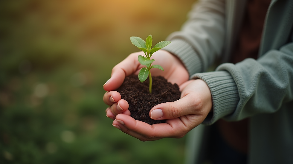 High angle view of two hands holding a small plant together