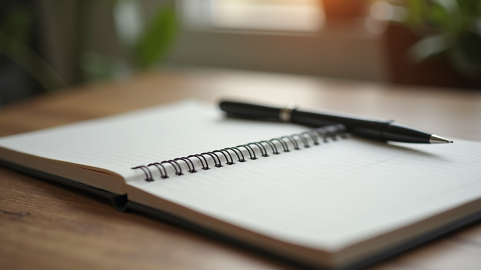 Close-up view of a journal and pen on a wooden table, symbolizing reflection and growth
