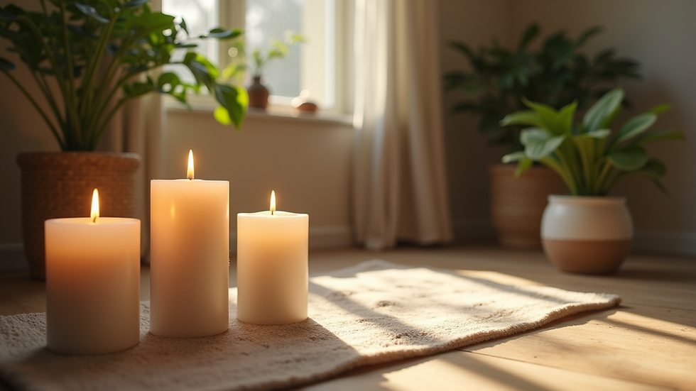 Eye-level view of a peaceful meditation space with candles and plants