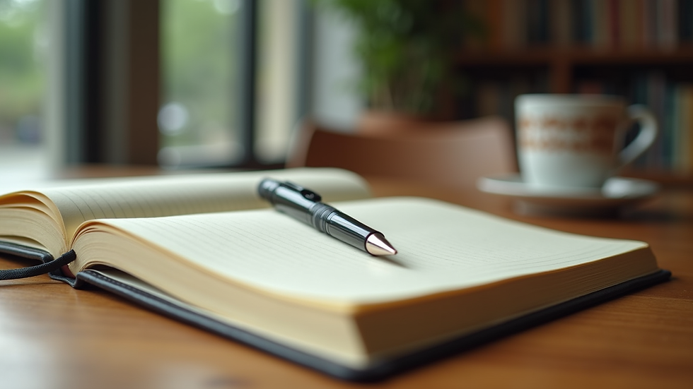 Close-up view of a journal and pen on a wooden table